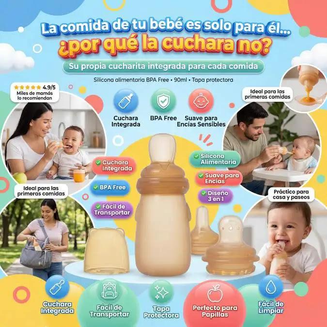 Papillita Fácil™ Tetero + cuchara en un solo producto para una alimentación MÁS práctica.