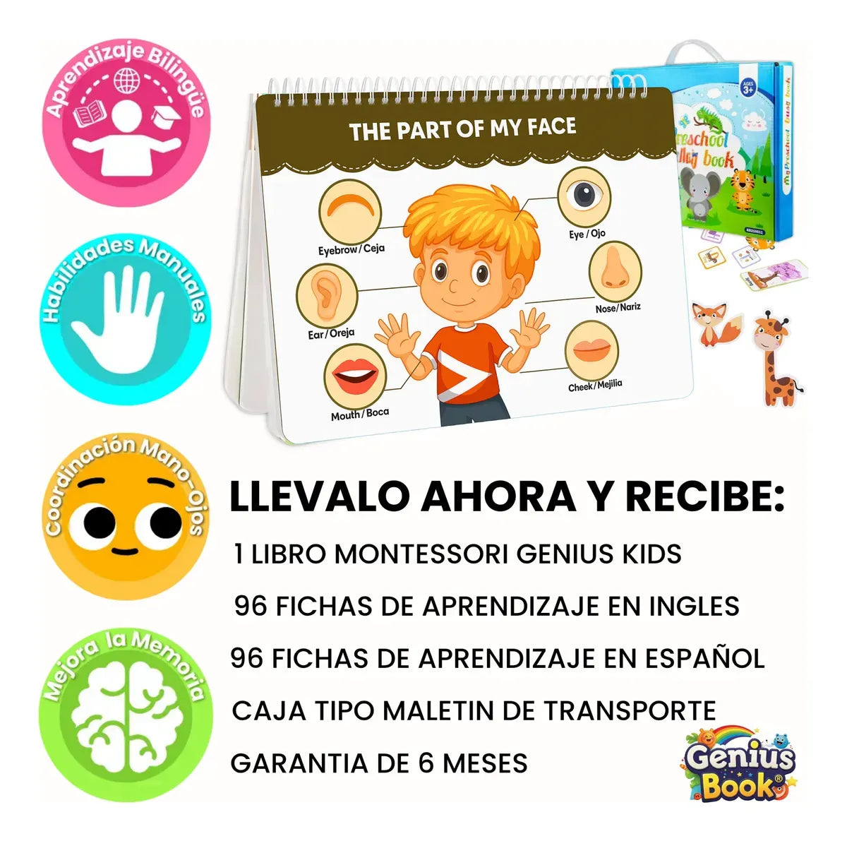 GENIUS BOOK Libro Didáctico Aprendizaje Bilingüe Niños Montessori