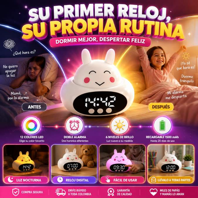 Reloj Despertador Infantil BunnyTime™ – Luz Nocturna Multicolor para Acompañar su Rutina 🌈🐰