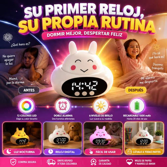 Reloj Despertador Infantil BunnyTime™ – Luz Nocturna Multicolor para Acompañar su Rutina 🌈🐰