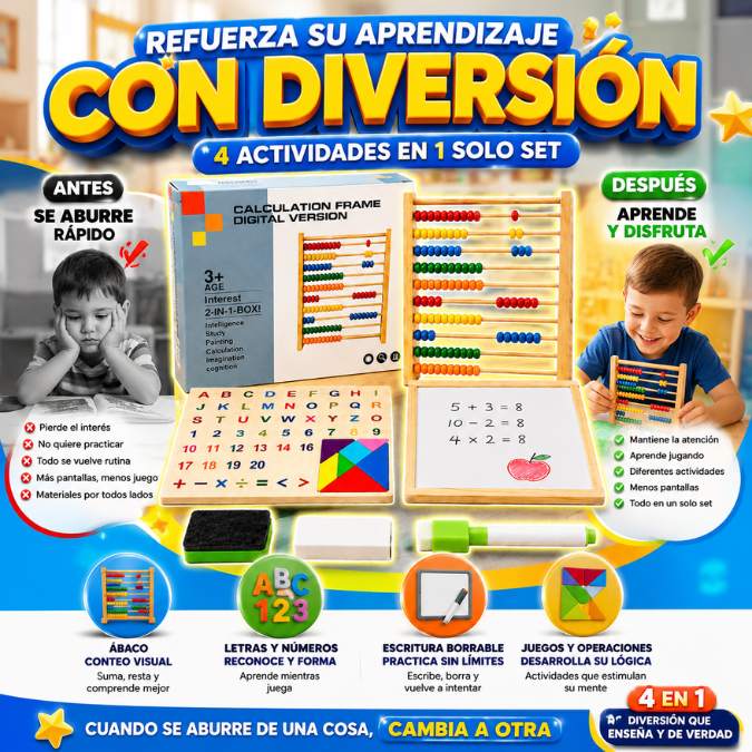 Juego Educativo de Madera 4 en 1 – Aprende Números, Letras y Escritura Jugando