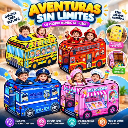 Carpa de Juegos Plegable Diseño Carros – Convierte Cada Día en una Nueva Aventura 🚒🚌✨