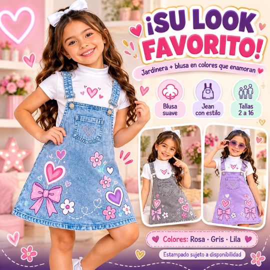 Jardinera y Blusa JEANSKIDS-3 – ¡Su look completo en su color favorito!