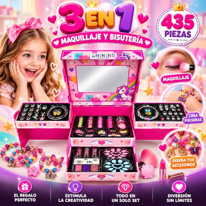 Set de Maquillaje y Bisutería 3 en 1 – Despierta su creatividad y sorpréndela con un regalo mágico.