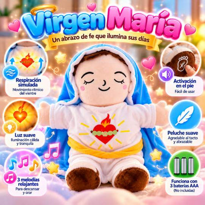 Peluche Virgen María y Jesús que Respiran 💖 | Con Luz y Melodías Relajantes para Momentos de Calma y Fe