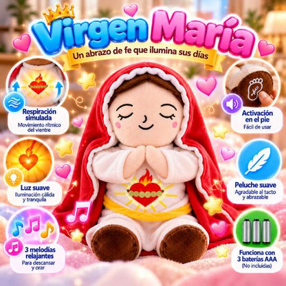 Peluche Virgen María y Jesús que Respiran 💖 | Con Luz y Melodías Relajantes para Momentos de Calma y Fe