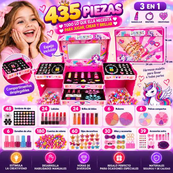 Set de Maquillaje y Bisutería 3 en 1 – Despierta su creatividad y sorpréndela con un regalo mágico.