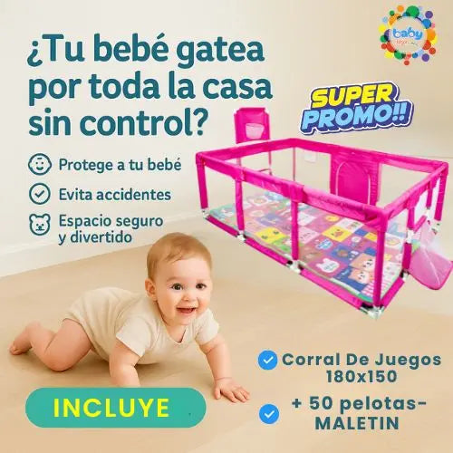 SUPER COMBO CORRAL BABYSAFE 1.80X1.50X60 +TAPETE 50 PELOTAS+MALETIN