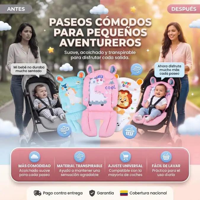 cojín acolchado universal para cochecitos de bebé, diseñado con estampados de animales.
